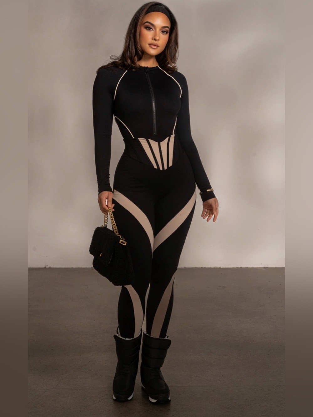 JLUXLABEL Black Jumpsuit with Beige Contrast Panels